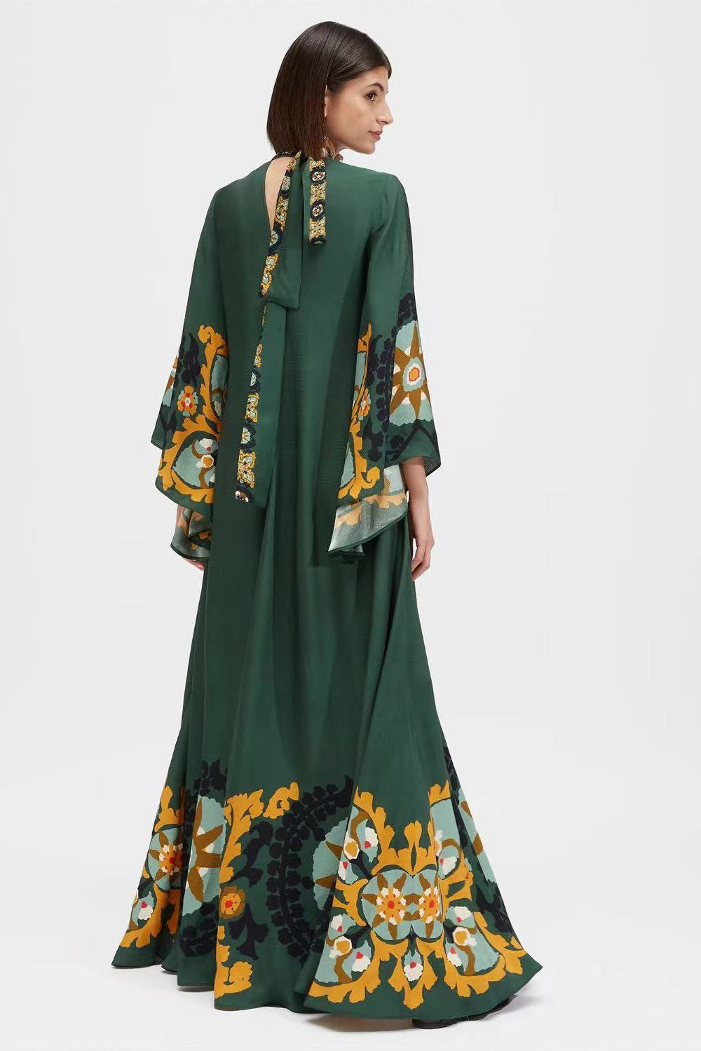 Medallion Print Mock Neck Embroidered Bell Sleeve Maxi Dress 3