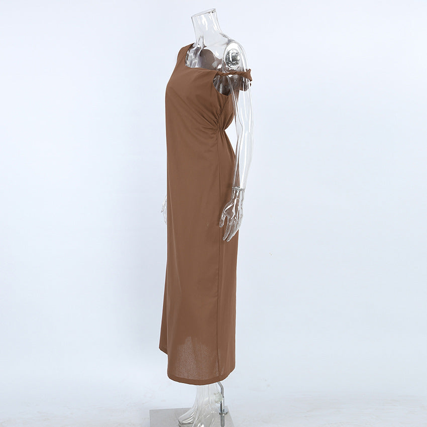 Halter Deep V Ruched Bodice Center Panel Drape Maxi Gown 12