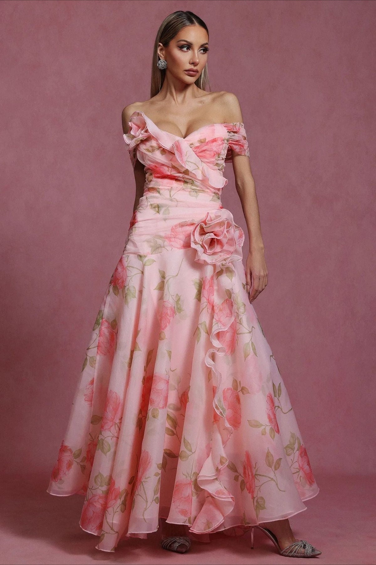 Pink Off Shoulder Sweetheart 3D Applique Floral Print A-Line Maxi Dress 4