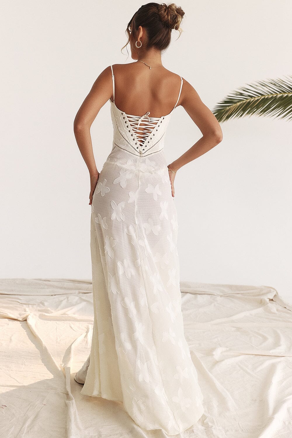 Floral Jacquard Spaghetti Strap Lace Up Corset Back Fit and Flare Maxi Dress 6