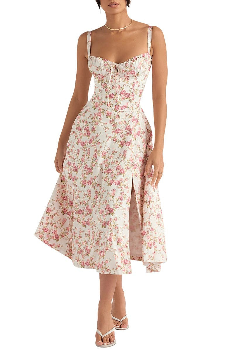 Floral Lace Up Back Spaghetti Strap Corset Fit and Flare Midi Dress 27