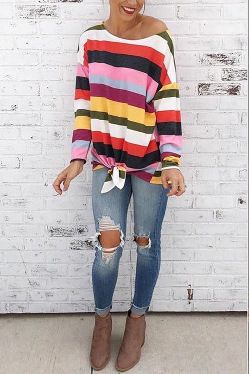 Contrast Round Neck Loose Pullover T-shirt