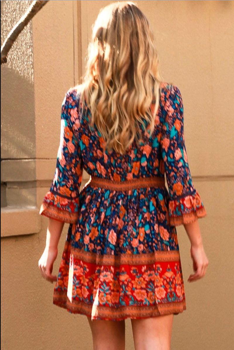 Collared Button Front Tassel Trim Geometric Print Shirt Dress 5