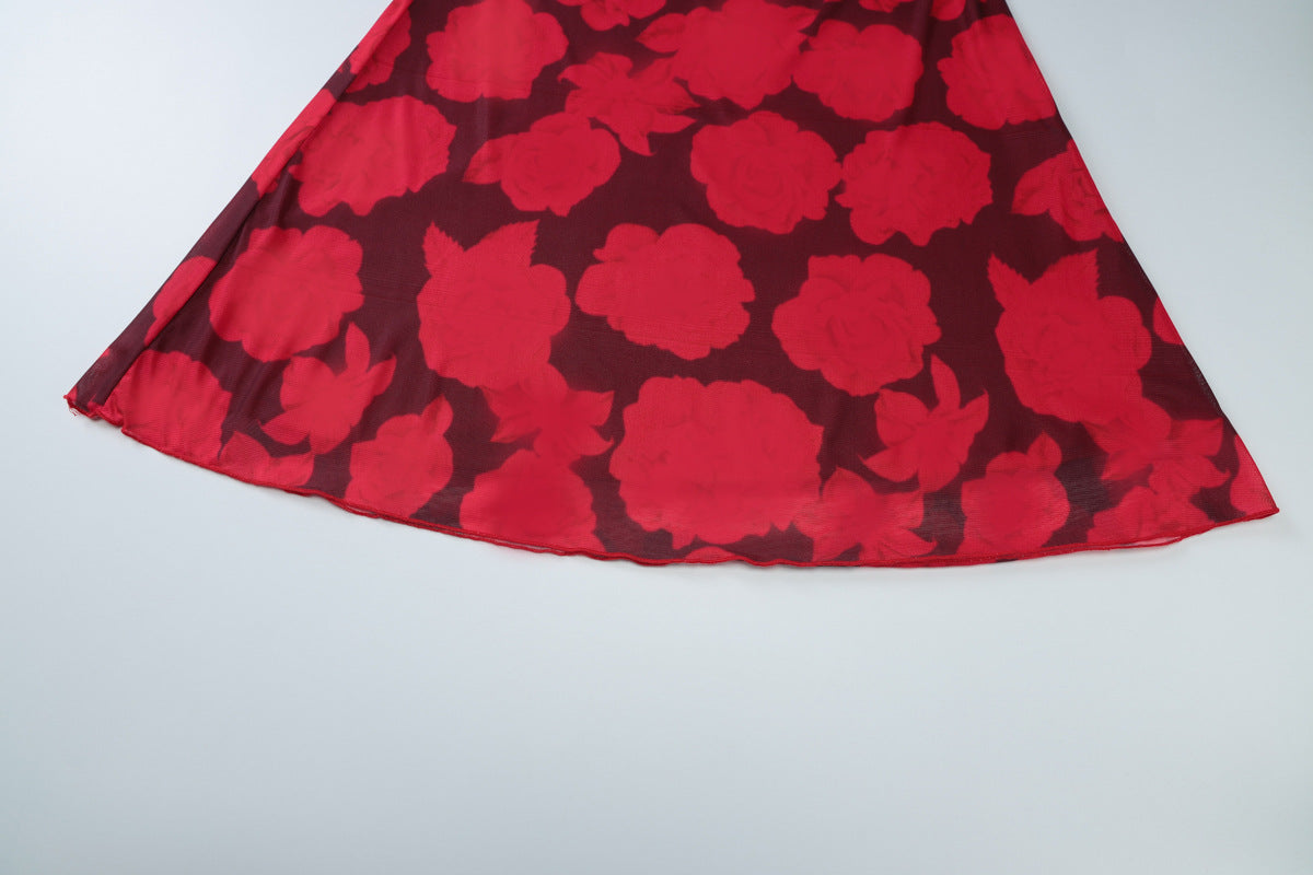 Square Neck Spaghetti Strap Floral Mesh Midi Dress 13