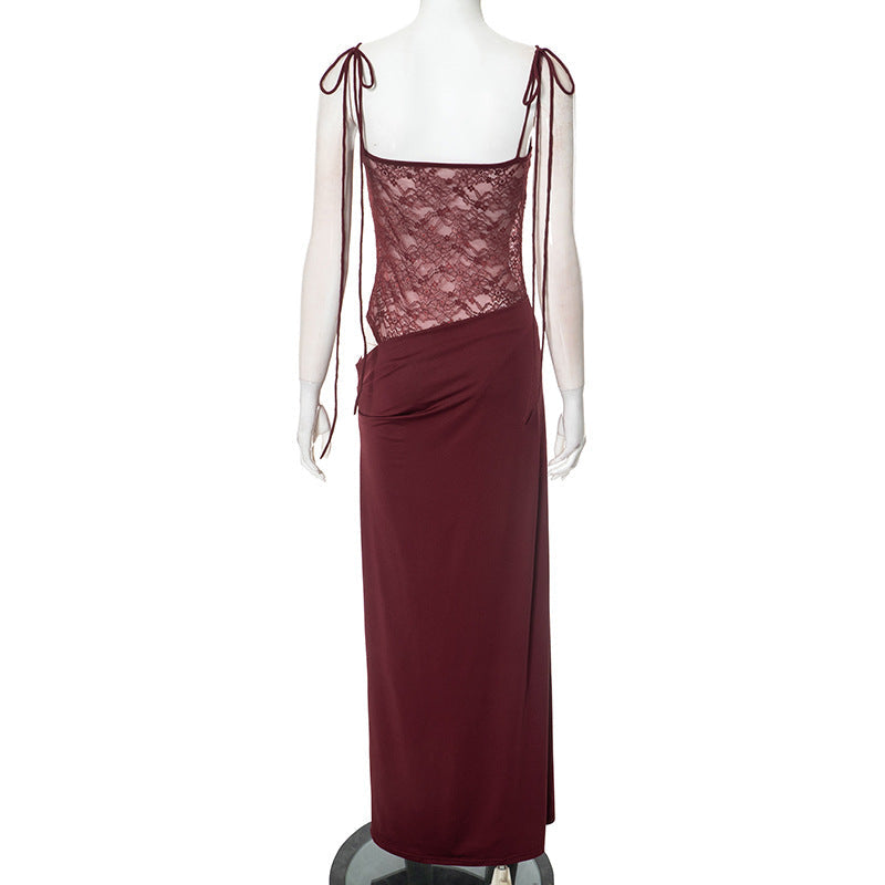Spaghetti Strap Square Neck Lace Waist Panel Bodycon Maxi Dress 12