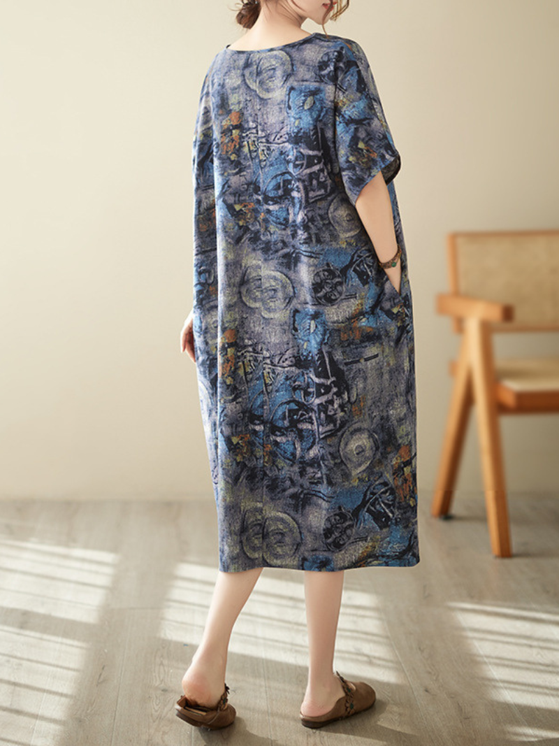 V Neck Short Sleeve Abstract Graphic Print Linen Midi Dress 2