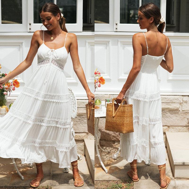 Spaghetti Strap Lace Trim Tie Front Smocked Back Tiered Maxi Dress