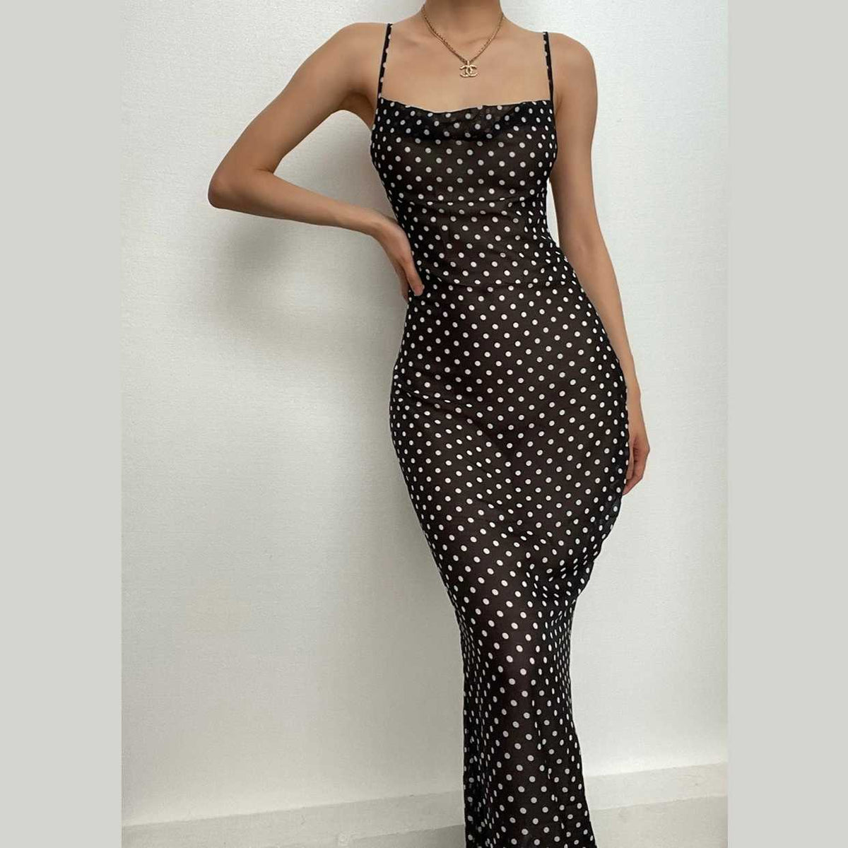 Polka Dot Cowl Neck Spaghetti Strap Mesh Maxi Dress