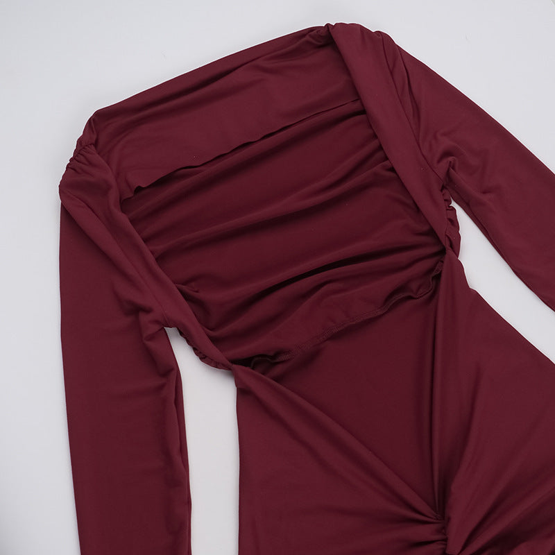 Long Sleeve Backless Ruched Column Maxi Gown 13