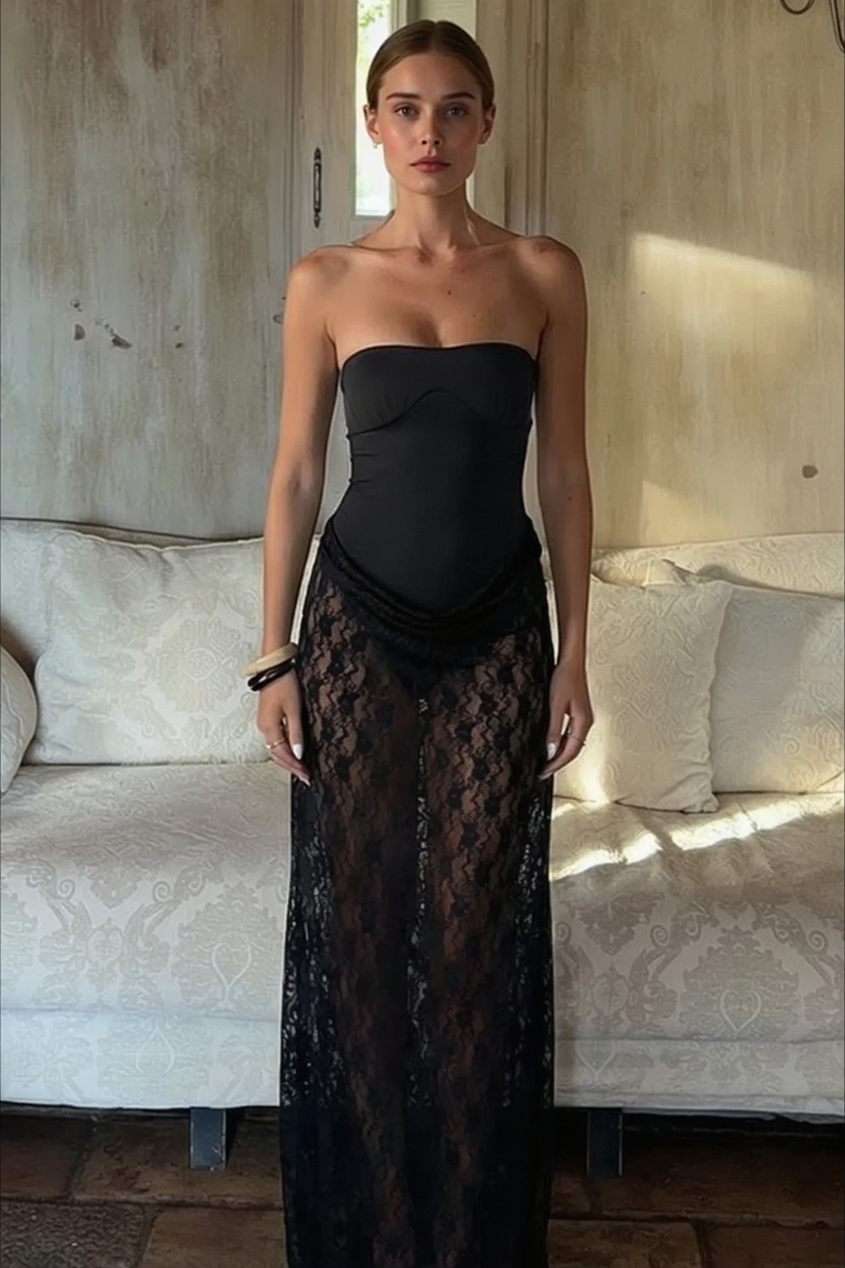 Strapless Sweetheart Lace Sheer Skirt Maxi Dress 2