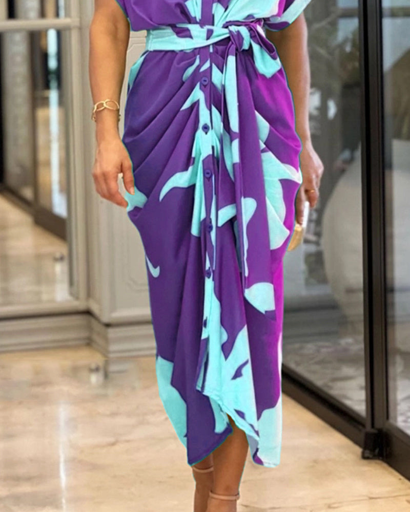 Abstract Leaf Print Collared Button-Front Tie-Waist Ruched Skirt Midi Shirt Dress 6
