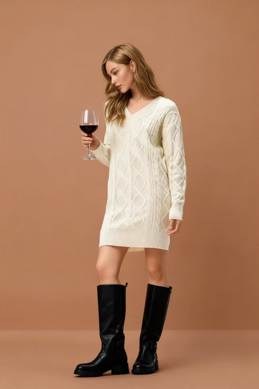 Cable Knit Diamond Pattern V-Neck Long Sleeve Sweater Mini Dress 8