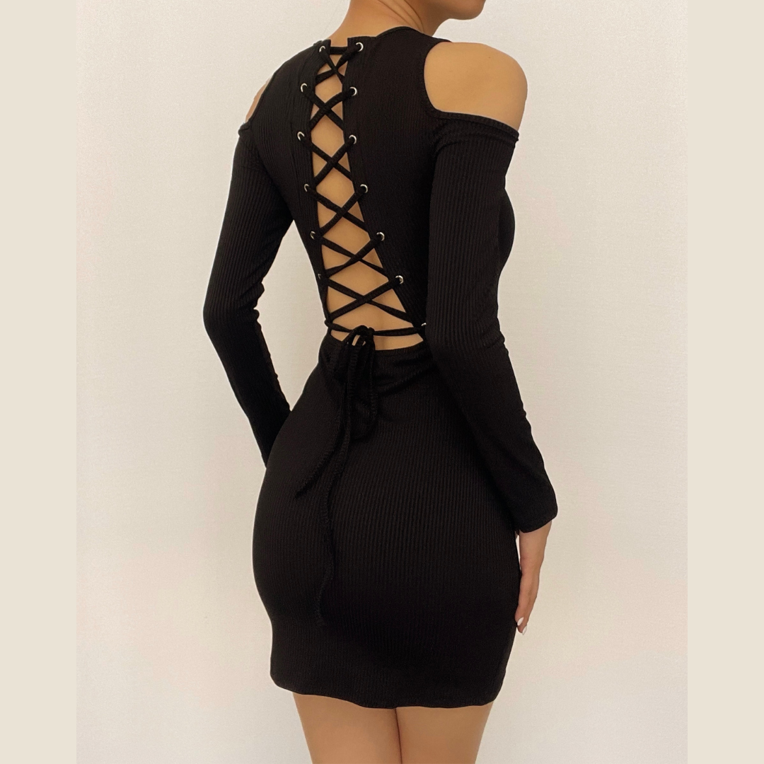 Cold Shoulder Crew Neck Lace Up Open Back Ribbed Knit Mini Dress