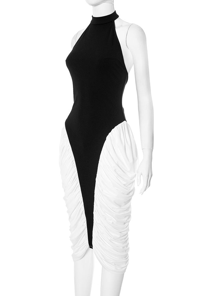 Halter Neck Contrast Panel Ruched Side Drape Midi Dress 13