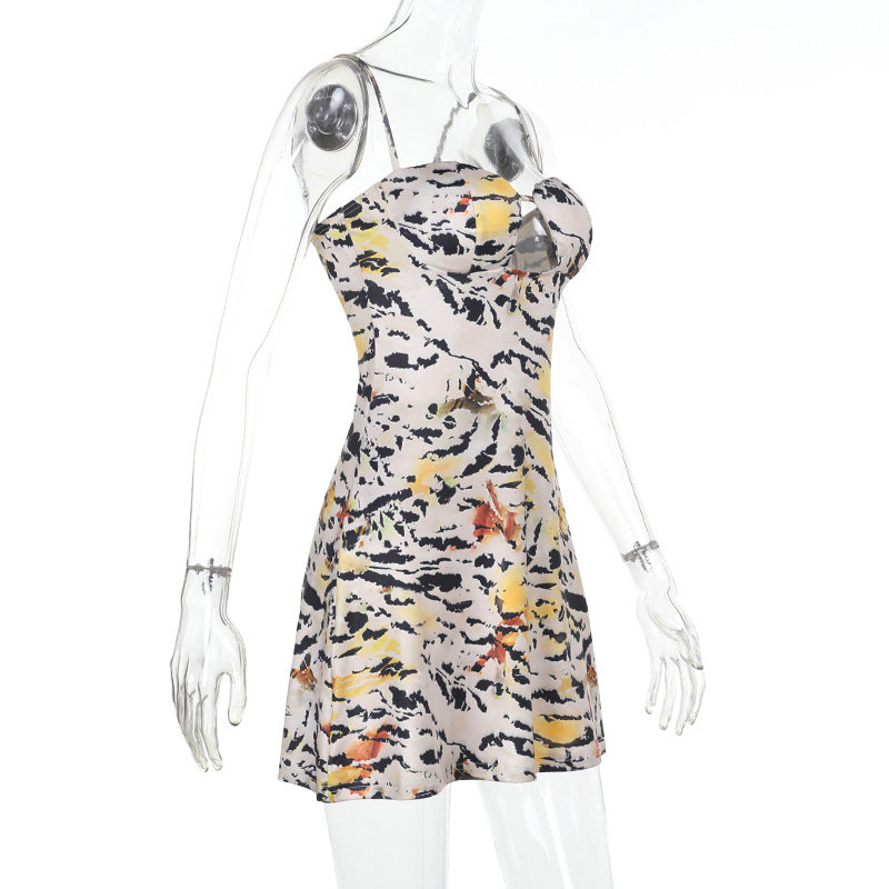 Sweetheart Keyhole Spaghetti Strap Abstract Brushstroke Mini Dress 14