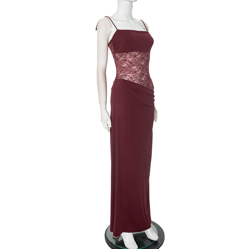 Spaghetti Strap Square Neck Lace Waist Panel Bodycon Maxi Dress 13