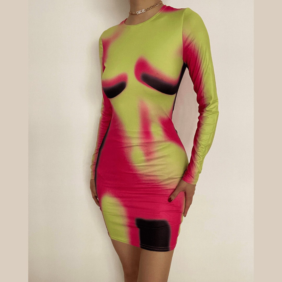 Thermal Print Crew Neck Long Sleeve Bodycon Mini Dress