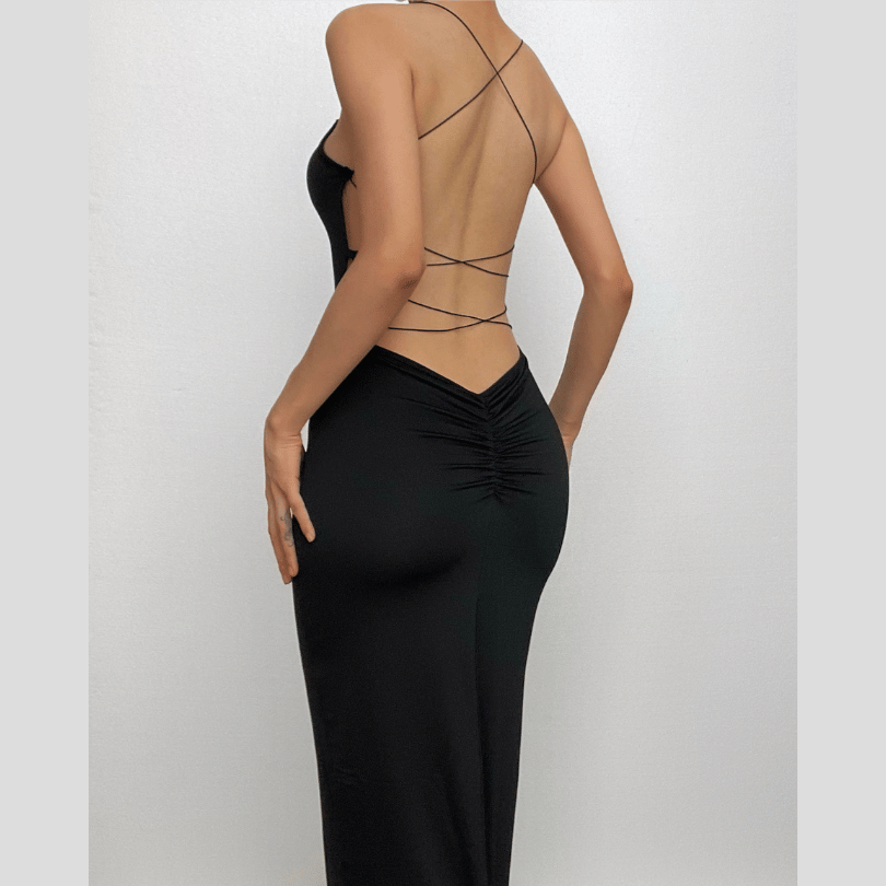 Square Neck Cross Back Lace-Up Slit Maxi Dress