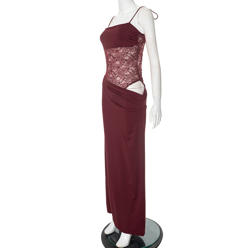 Spaghetti Strap Square Neck Lace Waist Panel Bodycon Maxi Dress 14