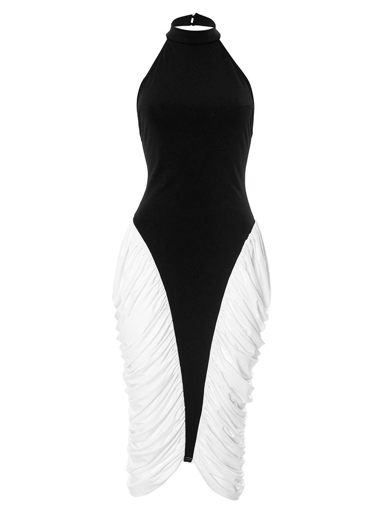 Halter Neck Contrast Panel Ruched Side Drape Midi Dress 14