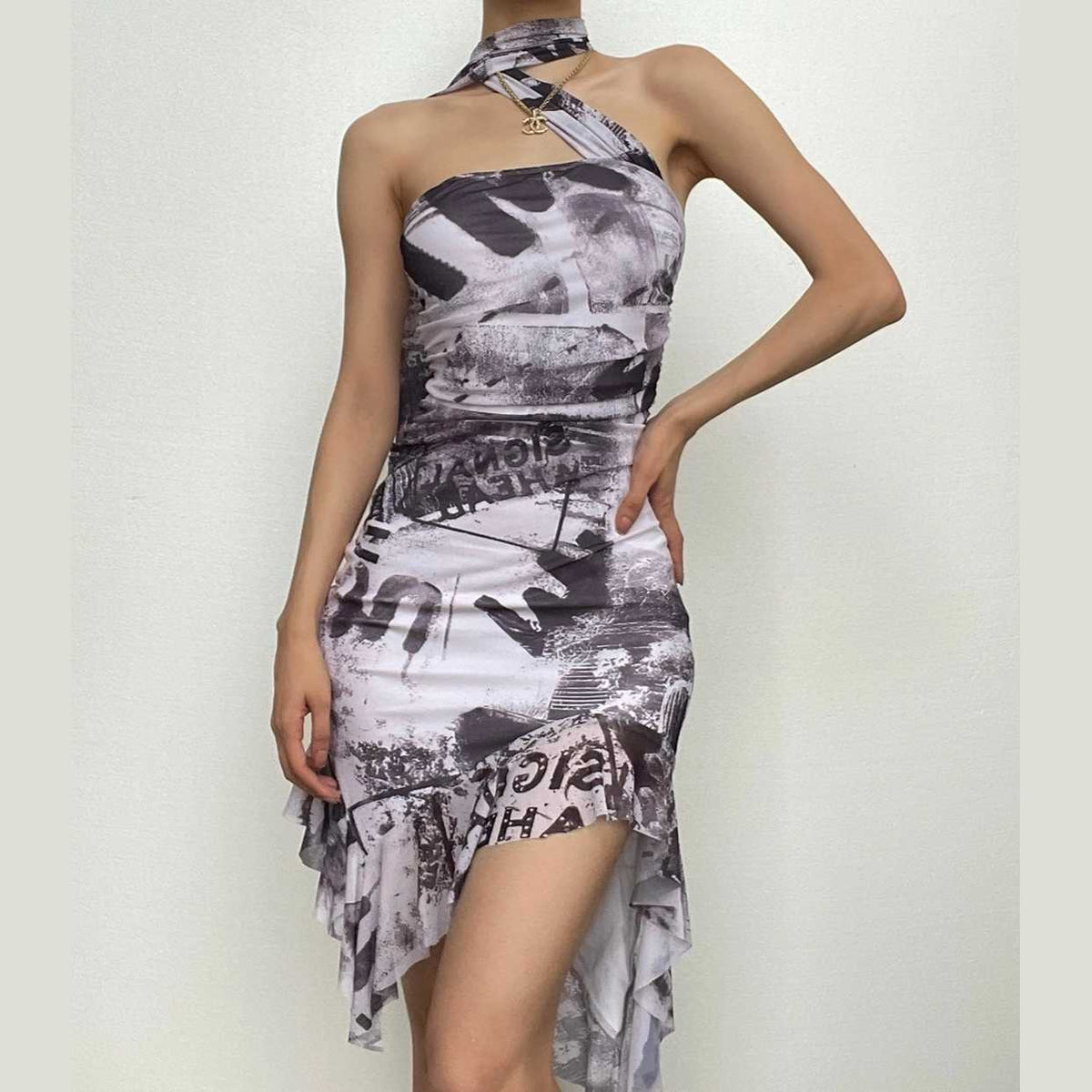 Halter Asymmetric One Shoulder Newspaper Print Ruffle Hem Mini Dress
