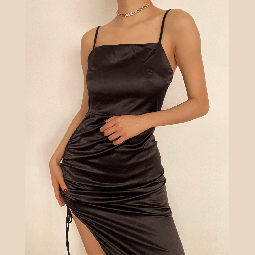 Satin Square Neck Side Ruched Drawstring Slit Bodycon Midi Dress