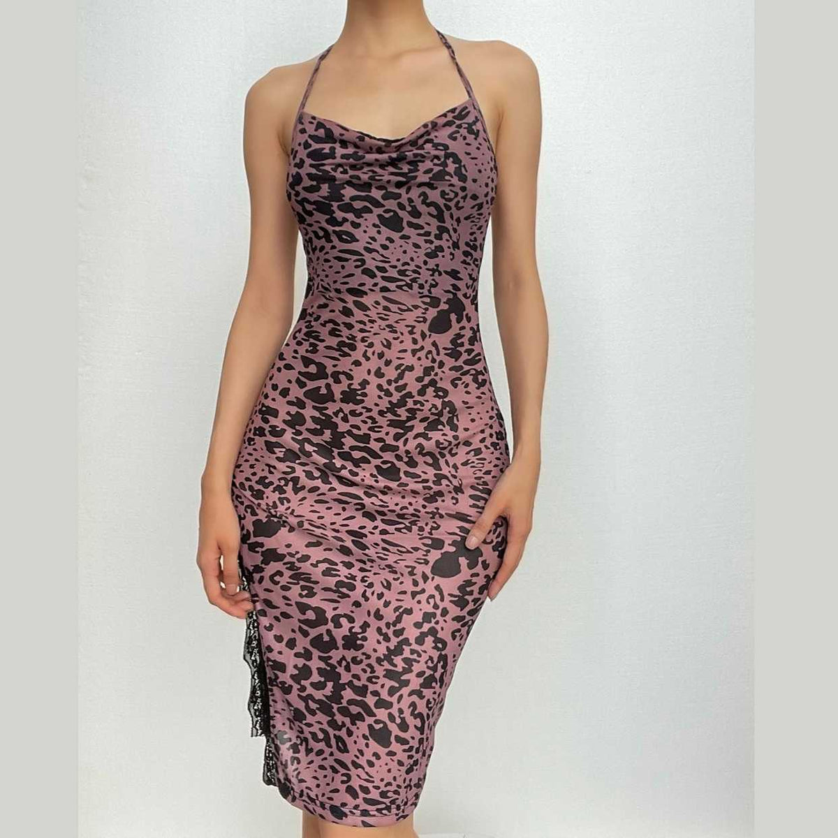 Print Cowl Halter Lace Trim Side Slit Midi Dress
