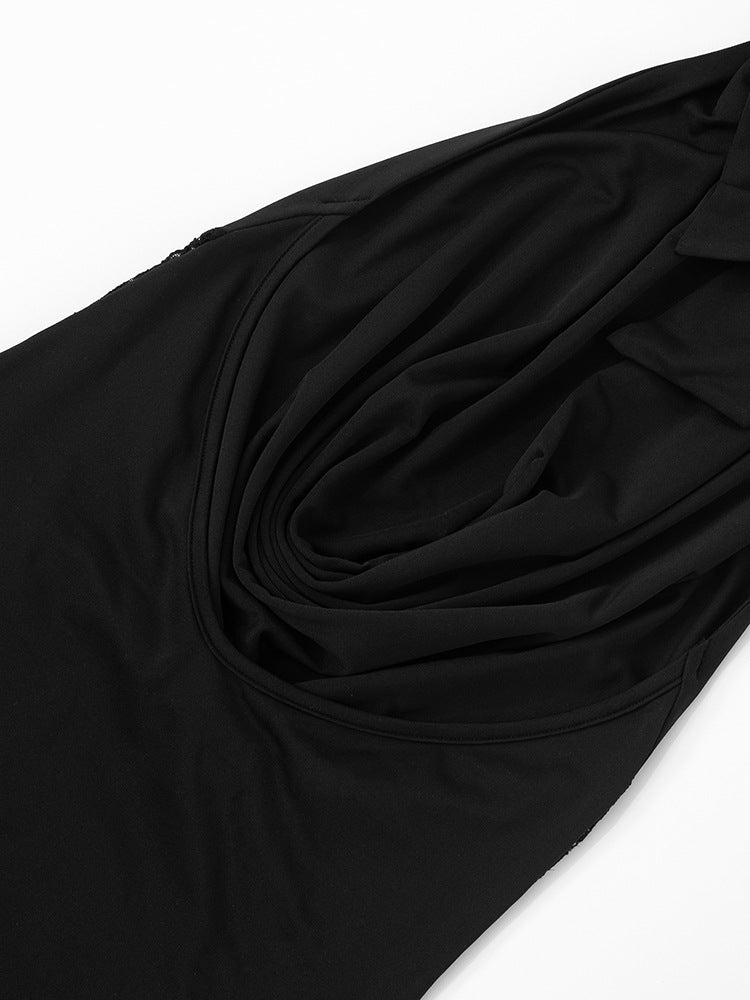 Plunging Halter Cowl Lace Side Panel Mermaid Maxi Gown 15