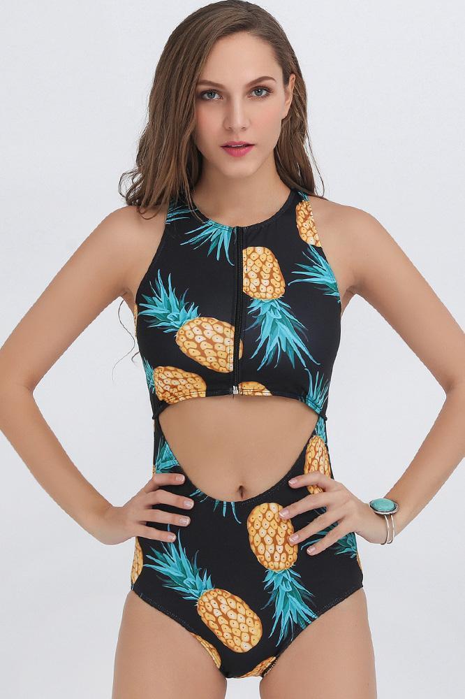 Black Pineapple Print Zipper Cutout Racer Back Sexy One Piece Swimsuit