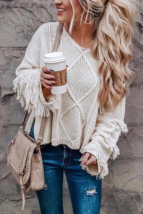 Fringed Solid Color Fashion Sweater