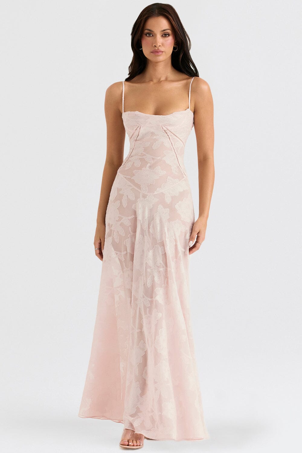Floral Jacquard Spaghetti Strap Lace Up Corset Back Fit and Flare Maxi Dress 14