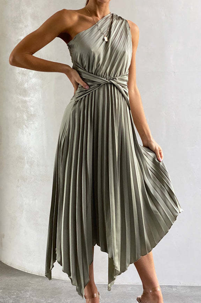 One Shoulder Accordion Pleat Twist Waist Asymmetrical Hem Midi Dress 5