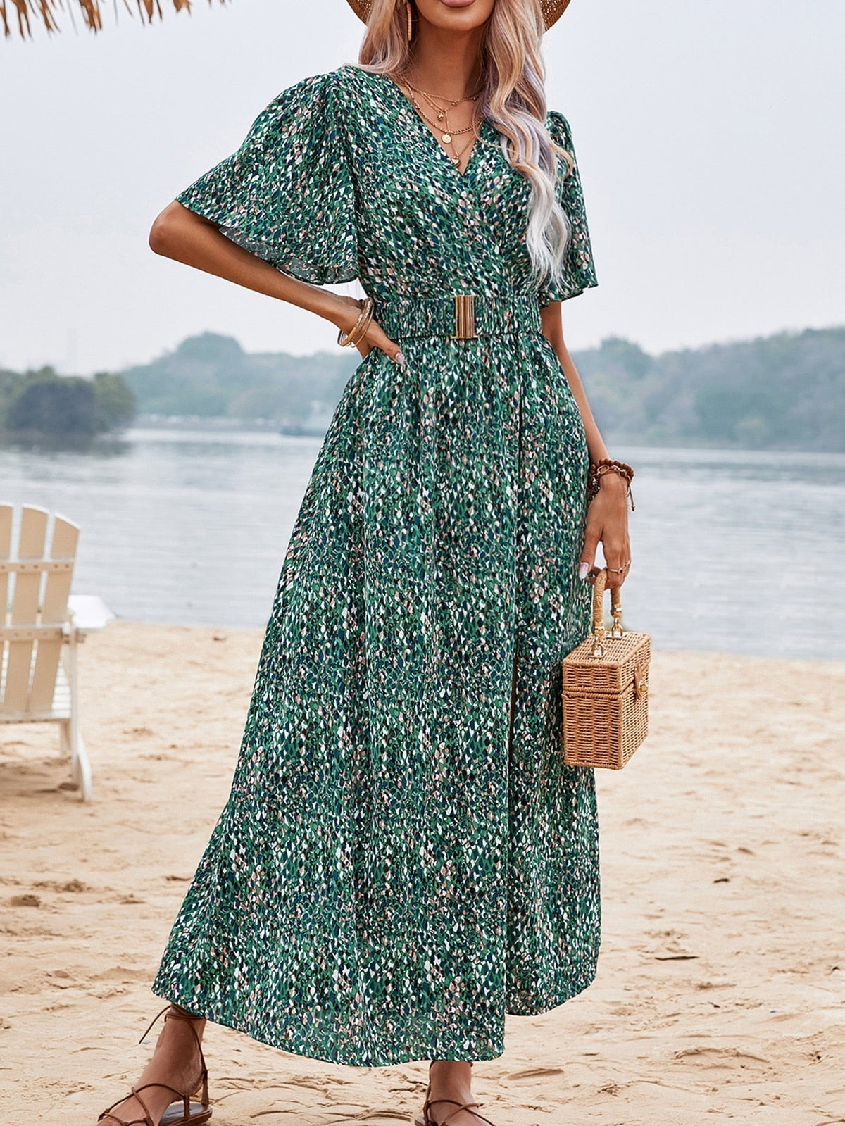 Print Wrap Flutter Sleeve Belted High Slit Maxi Dress 26