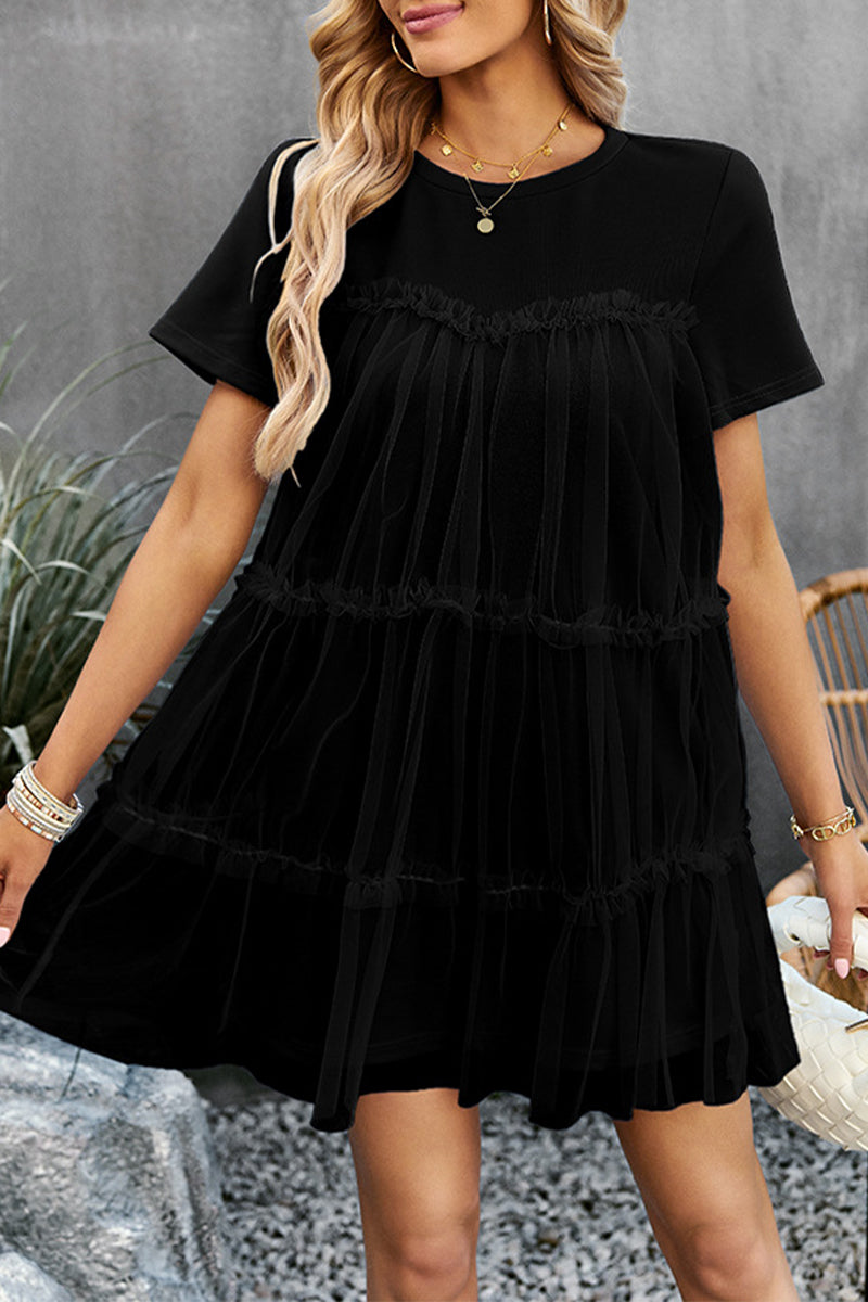 Crew Neck Short Sleeve Tiered Tulle Overlay Babydoll Mini Dress 2