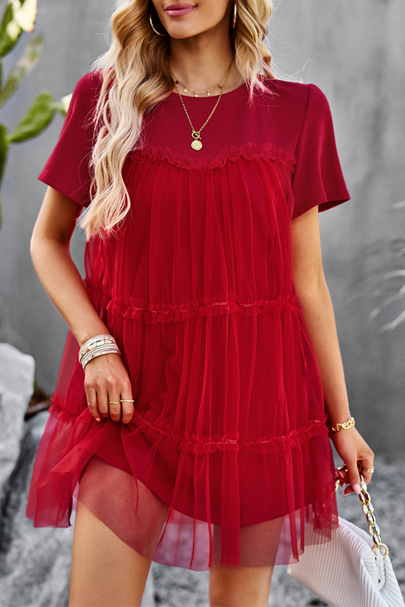 Crew Neck Short Sleeve Tiered Tulle Overlay Babydoll Mini Dress 3