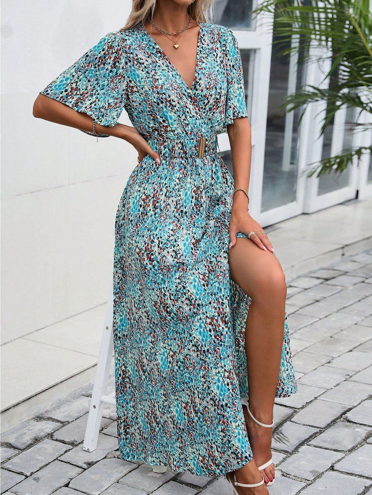 Print Wrap Flutter Sleeve Belted High Slit Maxi Dress 19