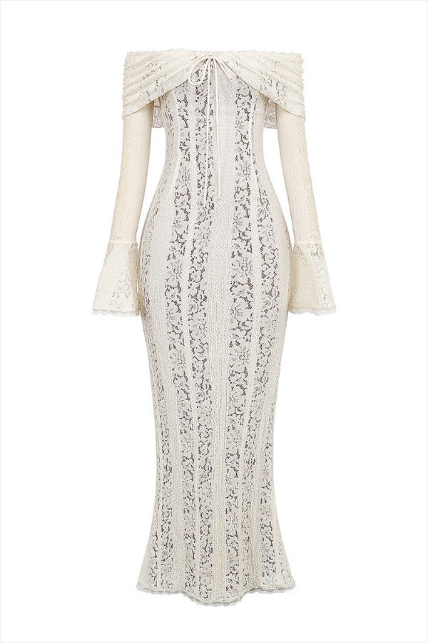 Floral Lace Off Shoulder Bell Sleeve Mermaid Maxi Dress 11