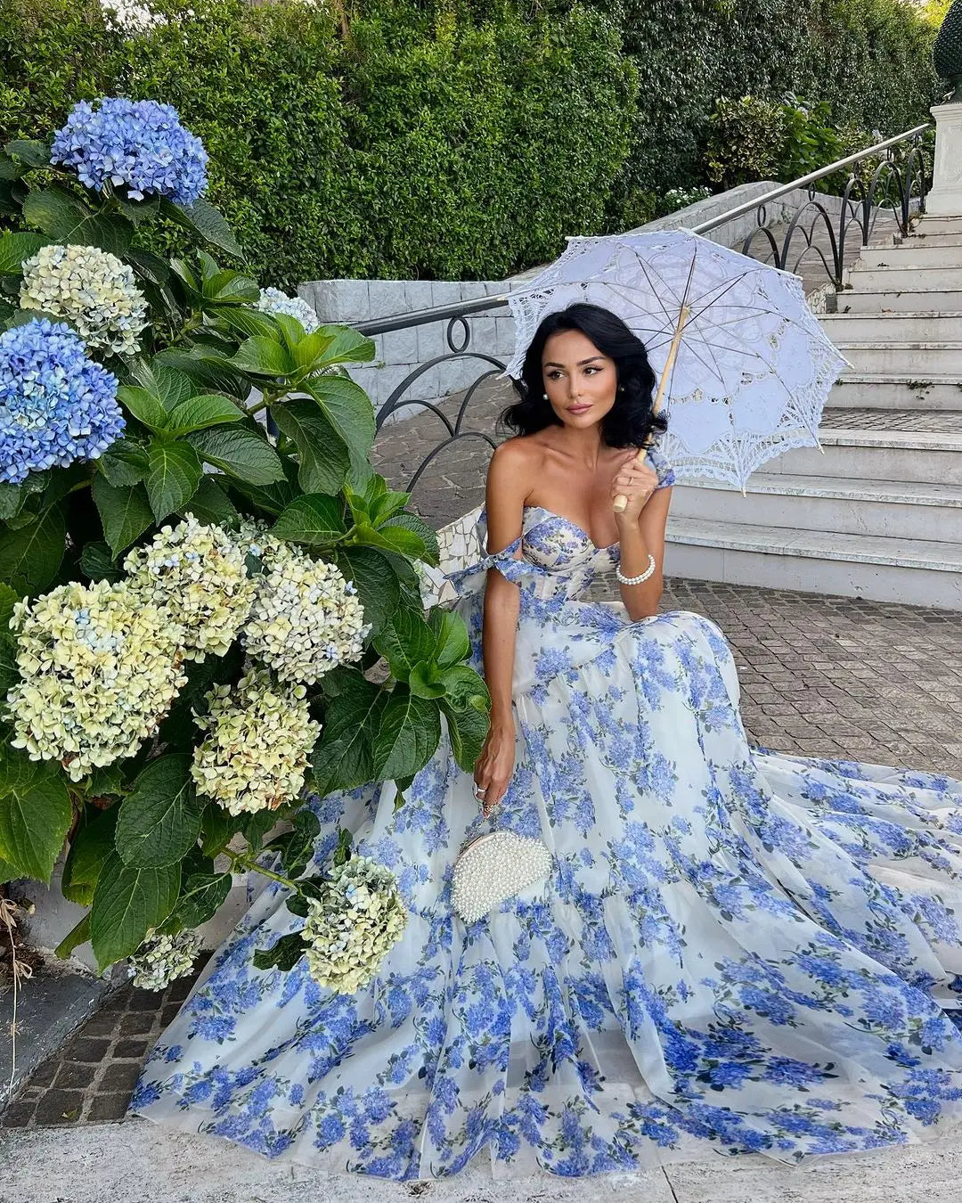 Corset Bodice Ruffle Strap Tiered Hydrangea Floral Maxi Gown 3