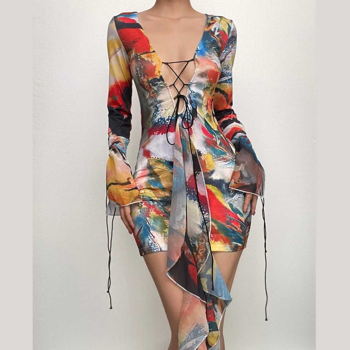 Deep V Lace Up Bell Sleeve Abstract Print Mini Dress