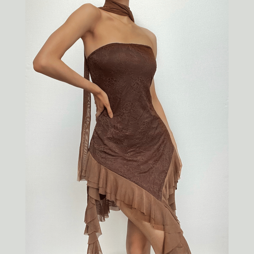 Strapless Mesh Ruffle Ribbon Asymmetric Mini Dress