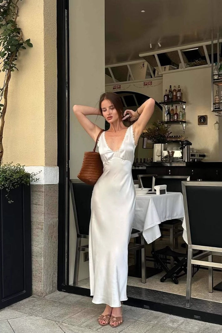 Satin Lace Trim Deep V-Neck Empire Waist Slip Midi Dress 3