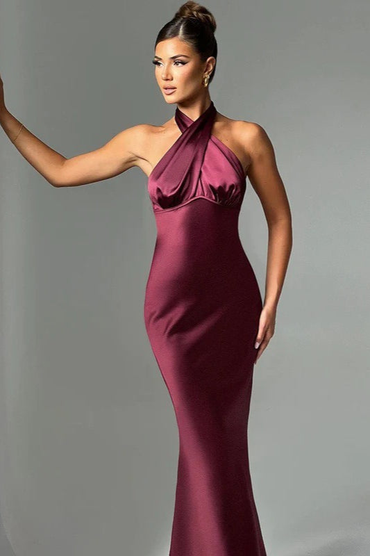 Satin Crossover Halter Gathered Bust Column Maxi Gown 3