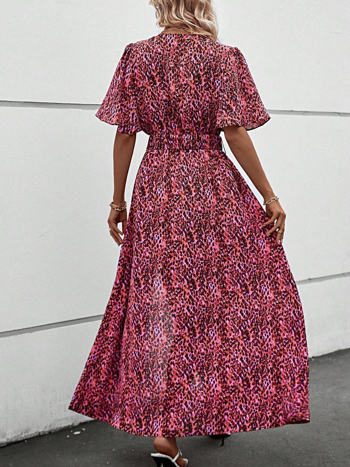 Print Wrap Flutter Sleeve Belted High Slit Maxi Dress 8