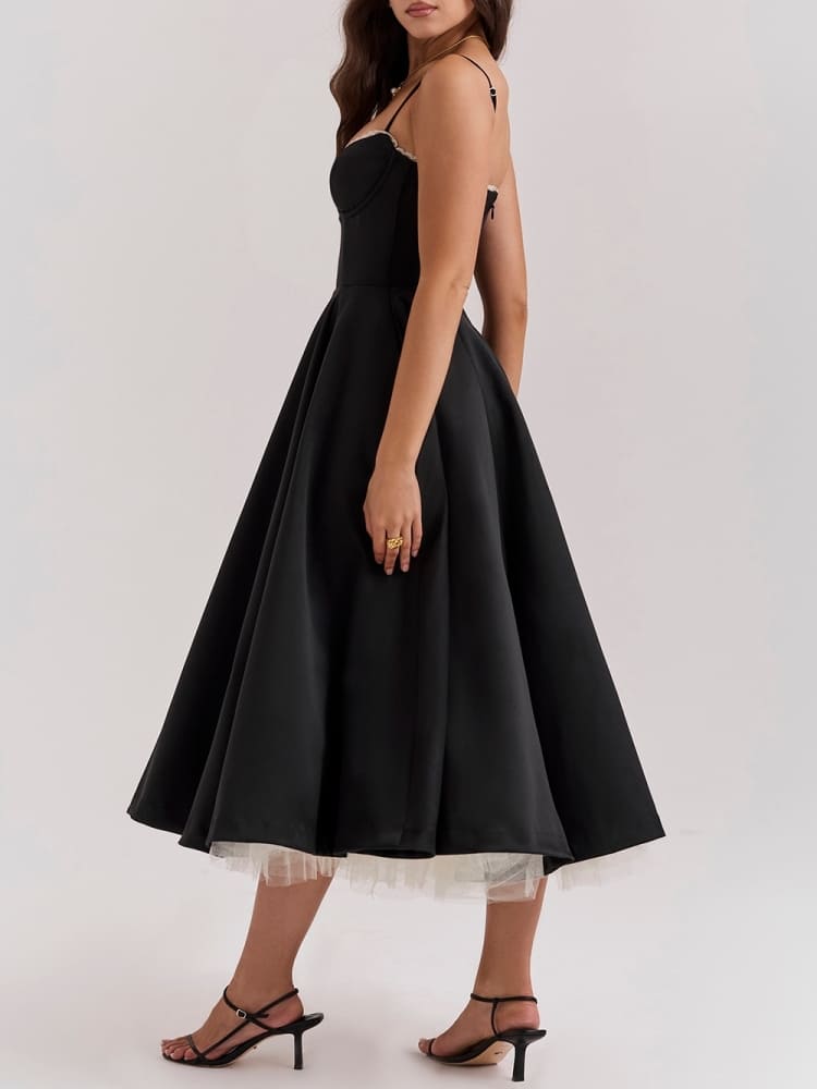 Sweetheart Lace Trim Bustier Tulle Hem Fit and Flare Midi Dress 8