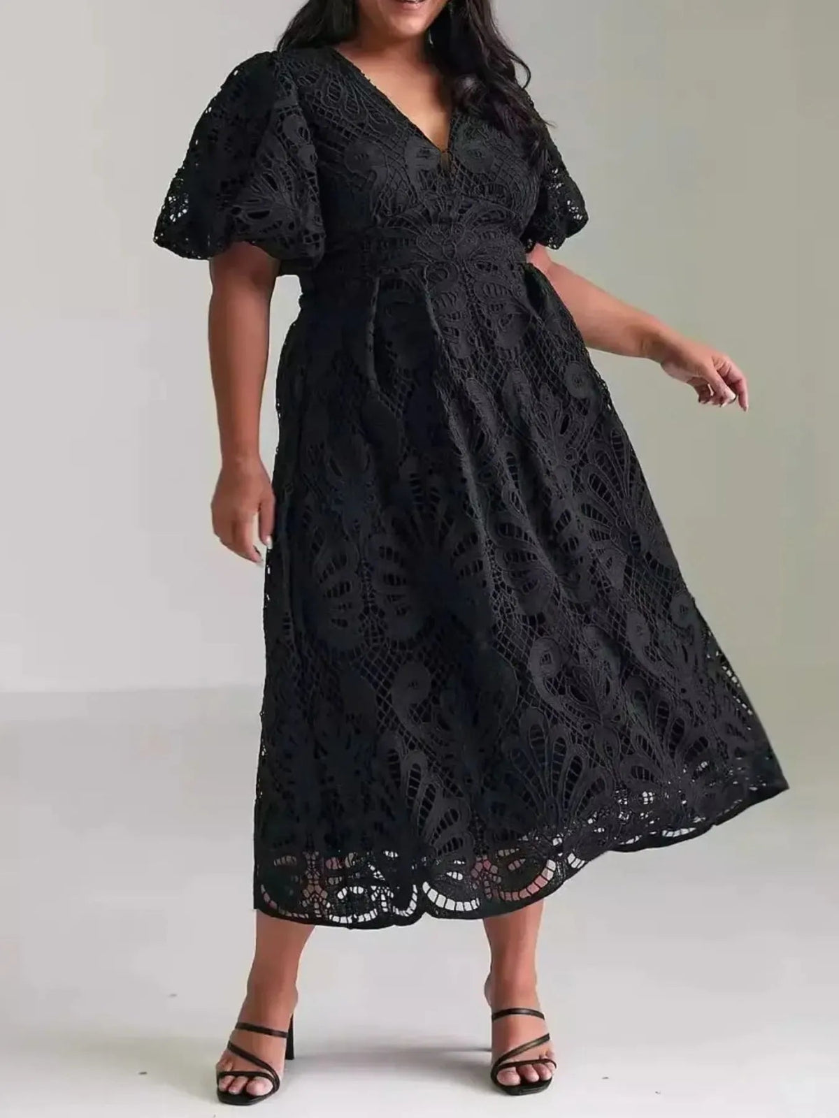 Lace Deep V-Neck Puff Sleeve Scalloped Hem A-Line Midi Dress