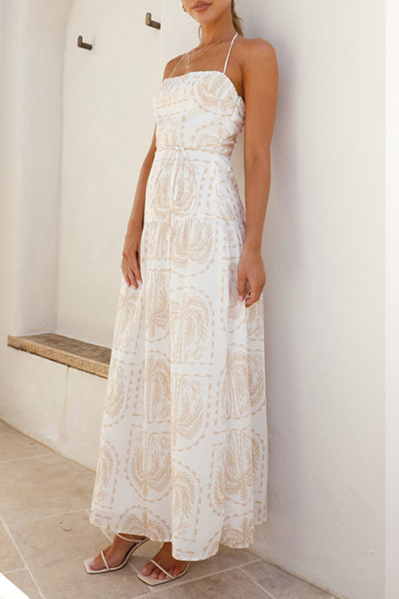 Palm Motif Halter Neck Tie-Waist Tiered Backless Maxi Dress 13