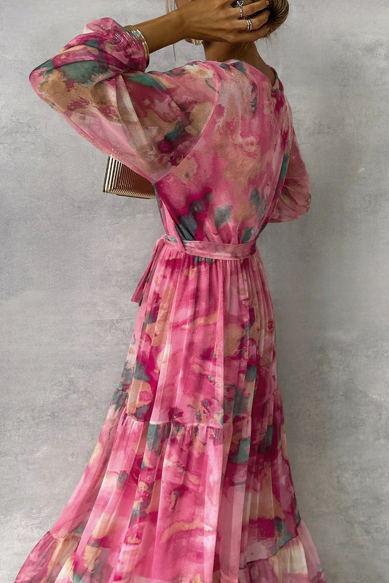 Gradient Watercolor Print Wrap V-Neck Tie-Waist Tiered Ruffle Maxi Dress 3