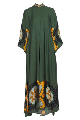 Medallion Print Mock Neck Embroidered Bell Sleeve Maxi Dress 6