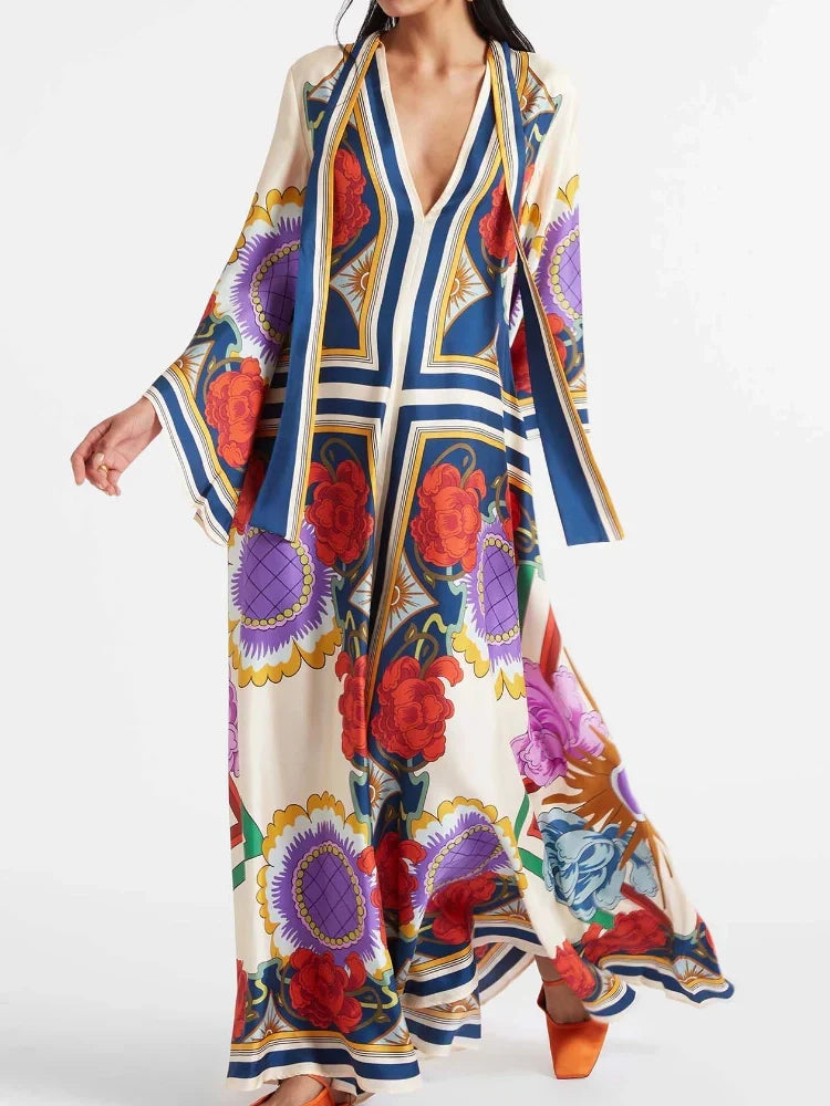 Abstract Brushstroke Print Deep V Lantern Sleeve Maxi Dress