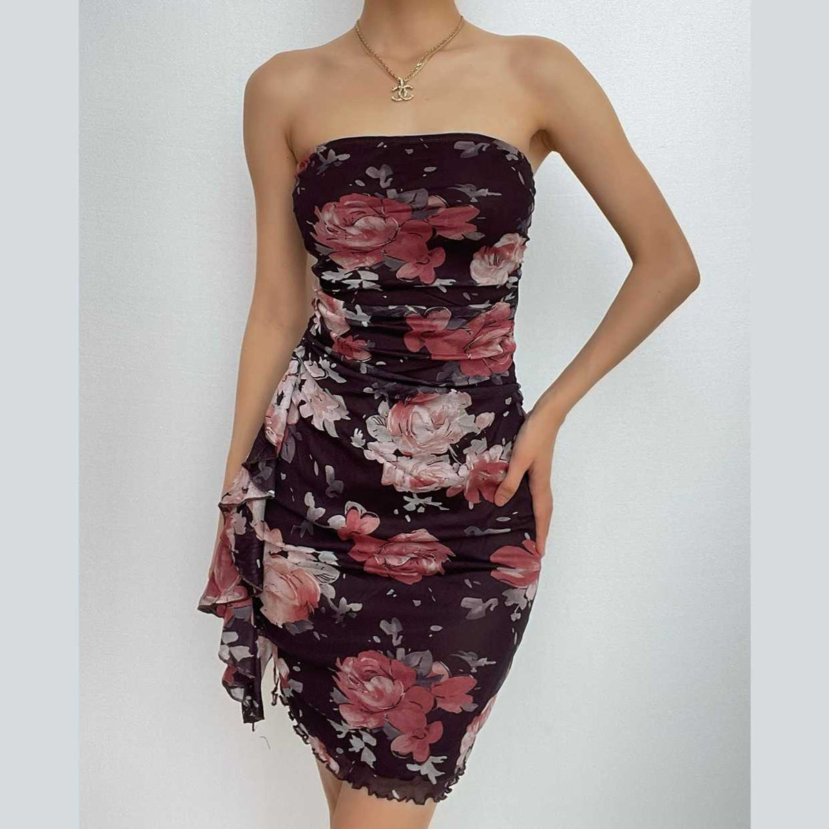 Strapless Floral Print Ruched Mesh Cascade Ruffle Mini Dress